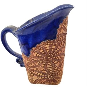 Handmade Pottery Pitcher with Lace Impression